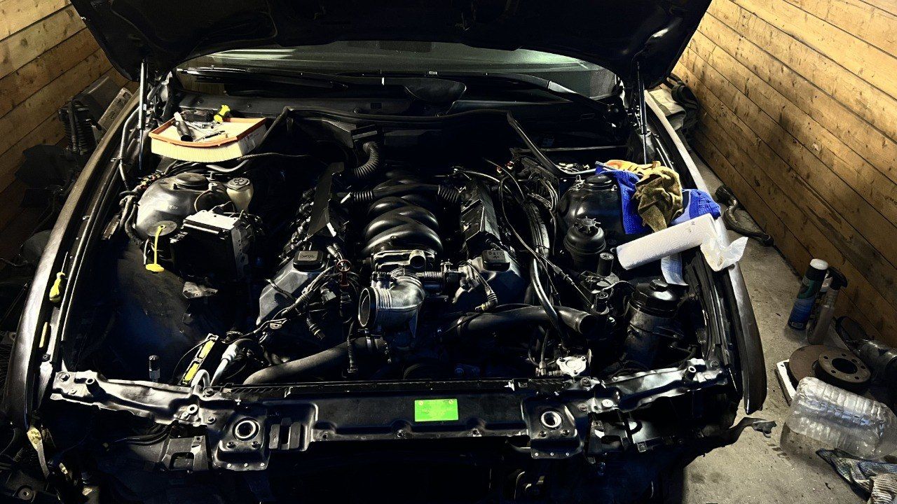 Engine bay during a mechanical rebuild