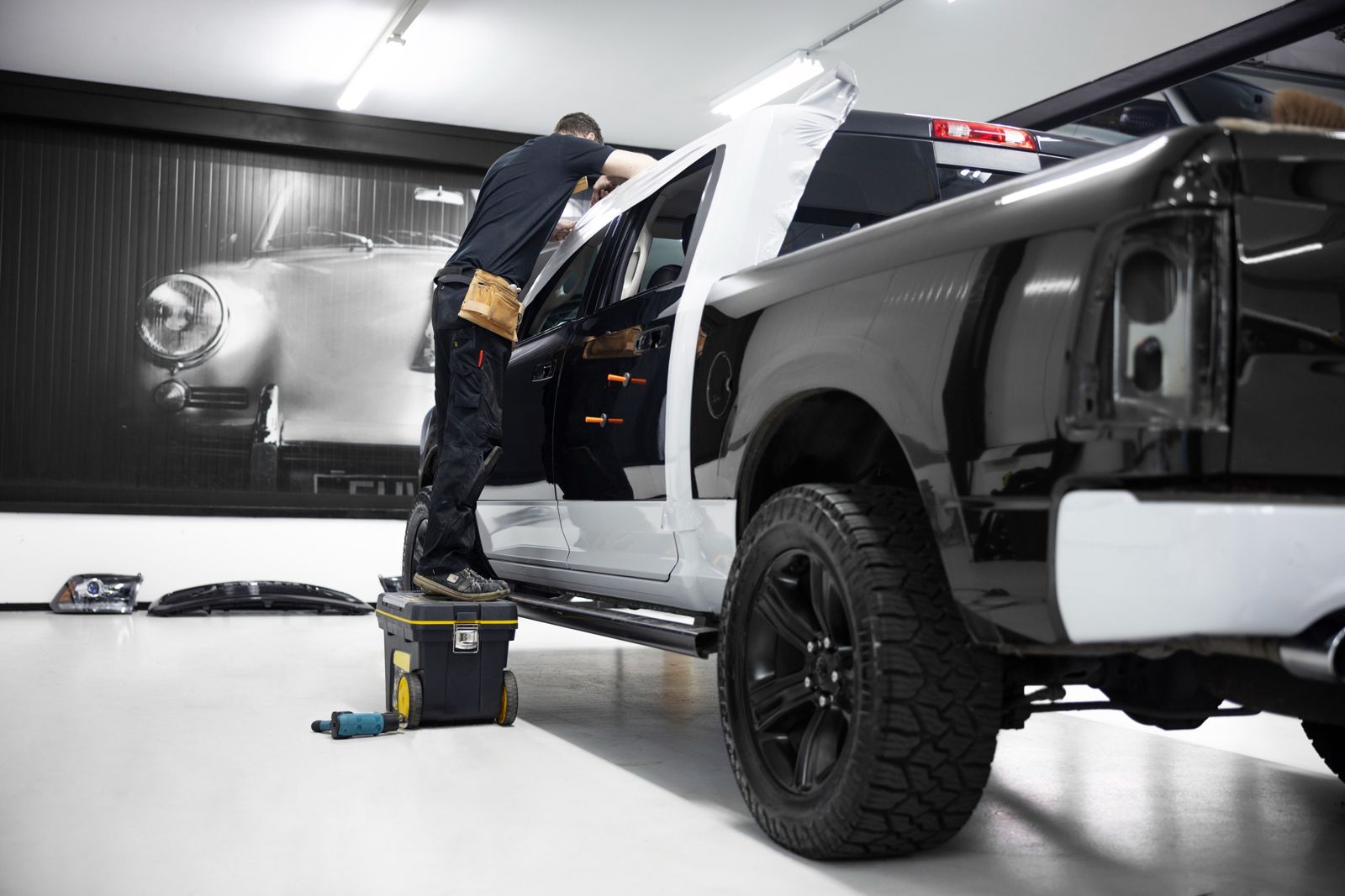 Pickup truck being serviced in the workshop